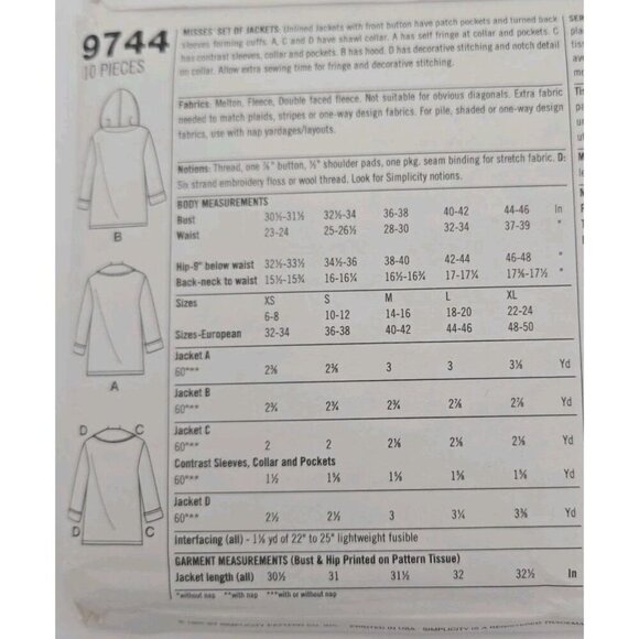 SIMPLICITY Pattern 9744 Size L XL Misses 2 Hour Jacket Coat Hoodie 3 Styles FF - Picture 4 of 8